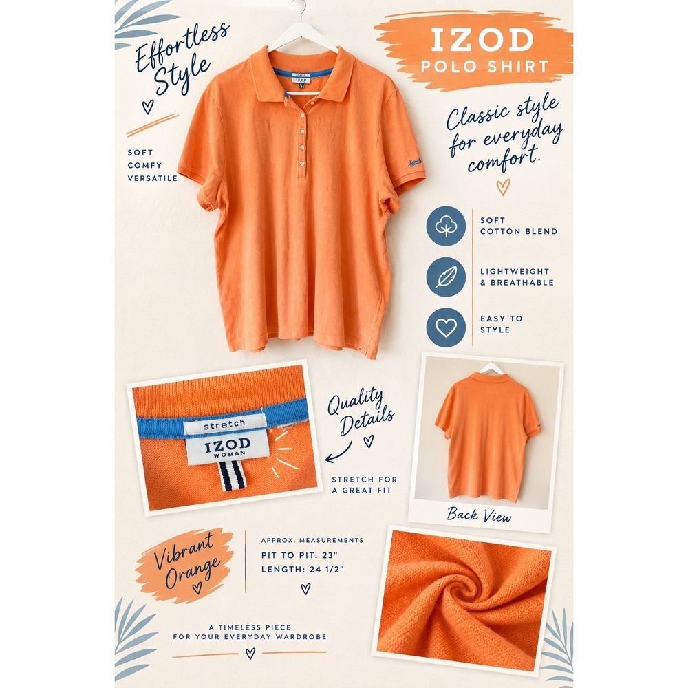 IZOD Woman Plus Size Orange Stretch Polo Shirt Short Sleeve Blue Logo Golf